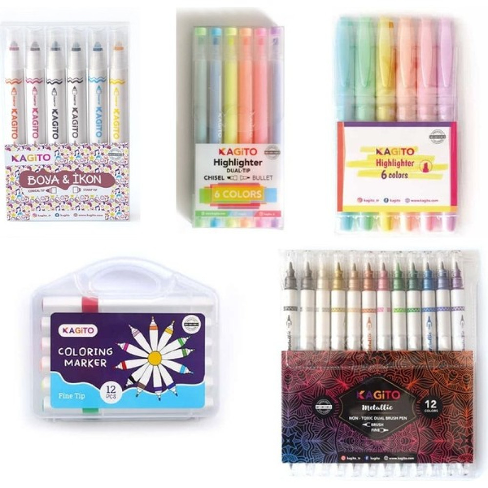 Art Tone Kagito Keçeli Kalem Seti Pastel Highlighter + Metalik Brush Pen + Damga Ikon + Coloring + Highlighte - Renkli - Standart Keçe Uçlu Kalem Fiyatı