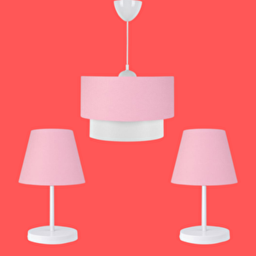 Art ve Gift Artgift Beyaz Gövdeli Üçlü Avize Ve Abajur Seti Pembe Kumaş Avize Fiyatı