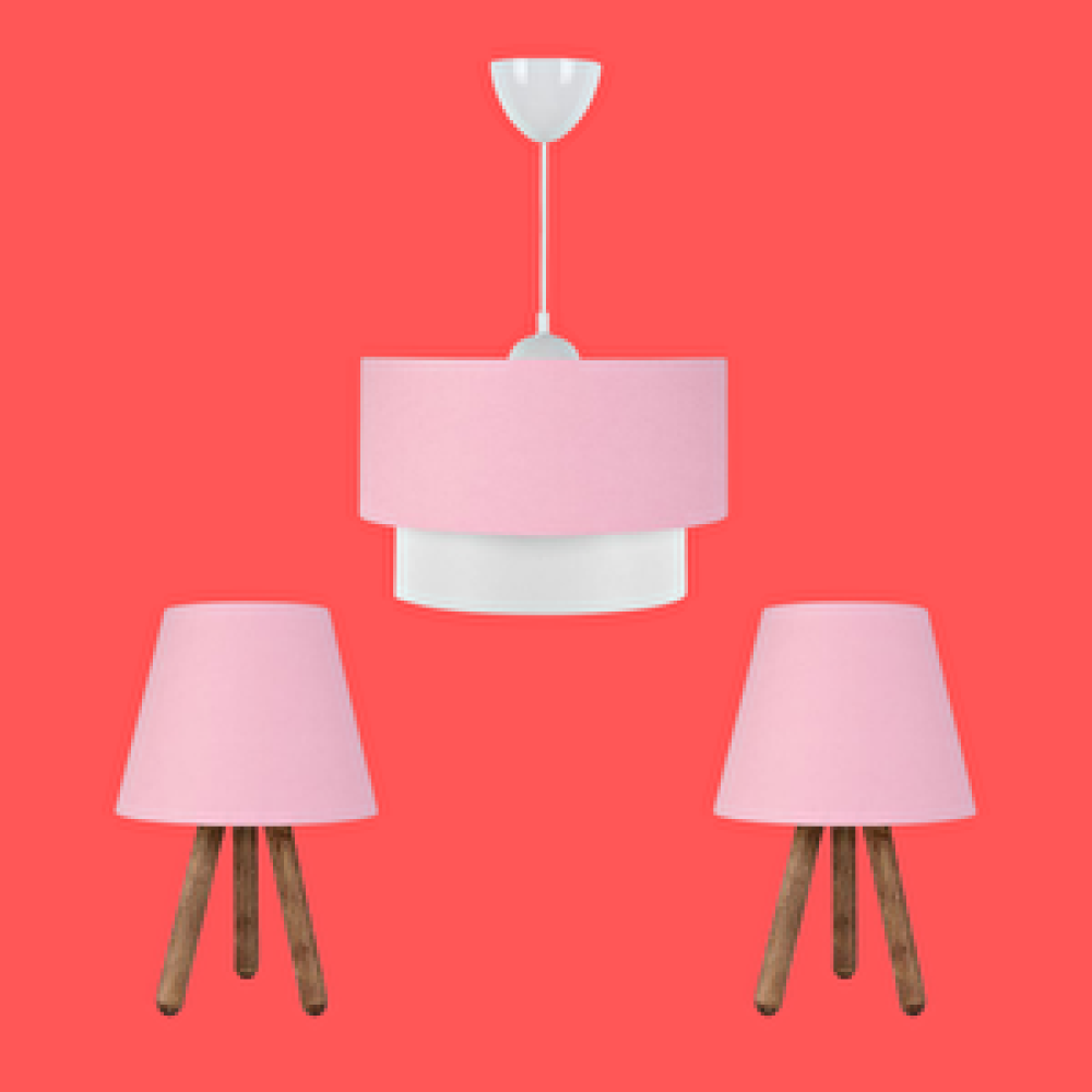 Art ve Gift Artgift Üçlü Avize Ve Abajur Seti Ahşap Ayak Pembe Kumaş Başlık Yatak Odası Çocuk Odası Salon Avize Fiyatı