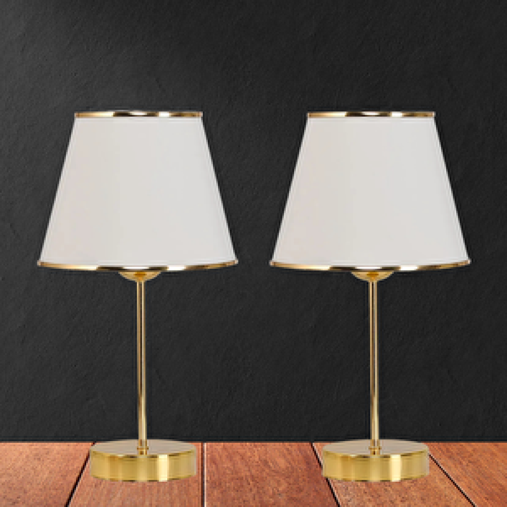 Art ve Gift Star Gold Ayaklı Abajur Şeritli Krem Kumaş Başlık Yatak Odası Salon Masa Lambası 2 Adet Abajur Fiyatı