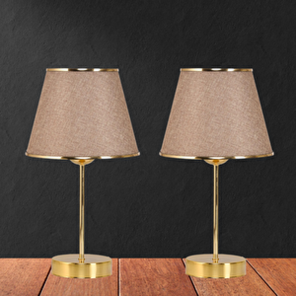 Art ve Gift Star Gold Ayaklı Abajur Şeritli Kumbeji Kumaş Başlık Yatak Odası Salon Masa Lambası 2 Adet Abajur Fiyatı