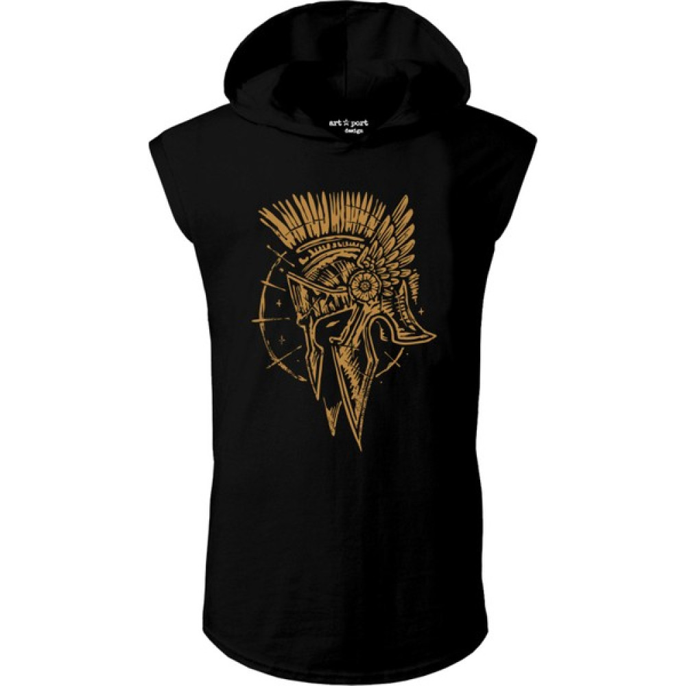 Artaport Design Spartan Helmet Tasarım Baskılı Kapüşonlu Kolsuz Siyah T-Shirt Erkek T-shirt Fiyatı