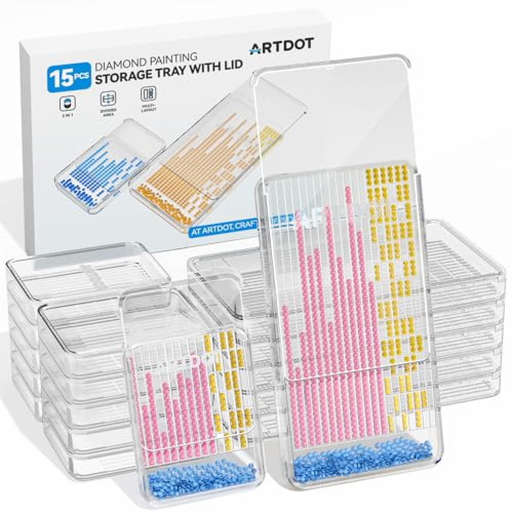ARTDOT 15-Piece Diamond Art Storage Trays Kits for Adults with Lids, 2-in-1 Stackable Diamond Painting Accessories and Tools