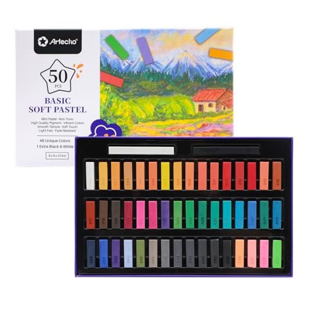 Artecho 50pcs Soft Pastels, 48 Colors Including 4 Fluorescent Colors, Extra Free Black & White, Square Chalk for Drawing, Blending, Layering, Shading, Pastels Art Supplies Pastel Boya Fiyatı