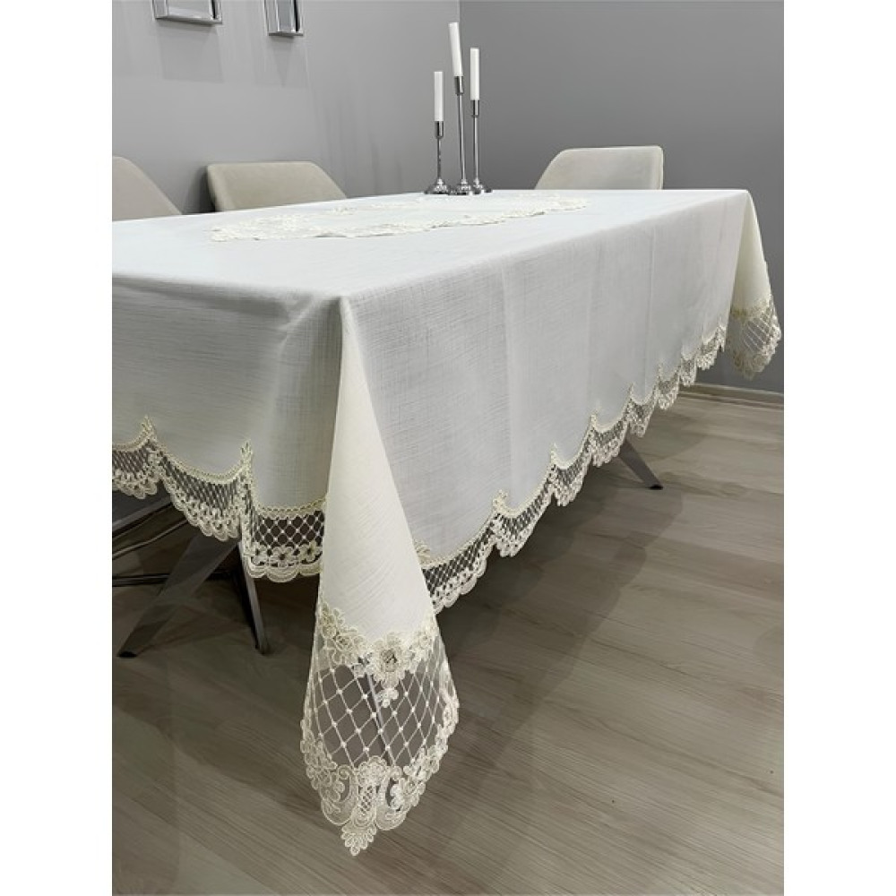 Artemis Model Masa Örtüsü Sofra Takımı Krem Renk Kumaş Güpürlü Ranır 12 Kaşıklık Peçeteli - 150 x 200 cm - Beyaz Masa Örtüsü Fiyatı