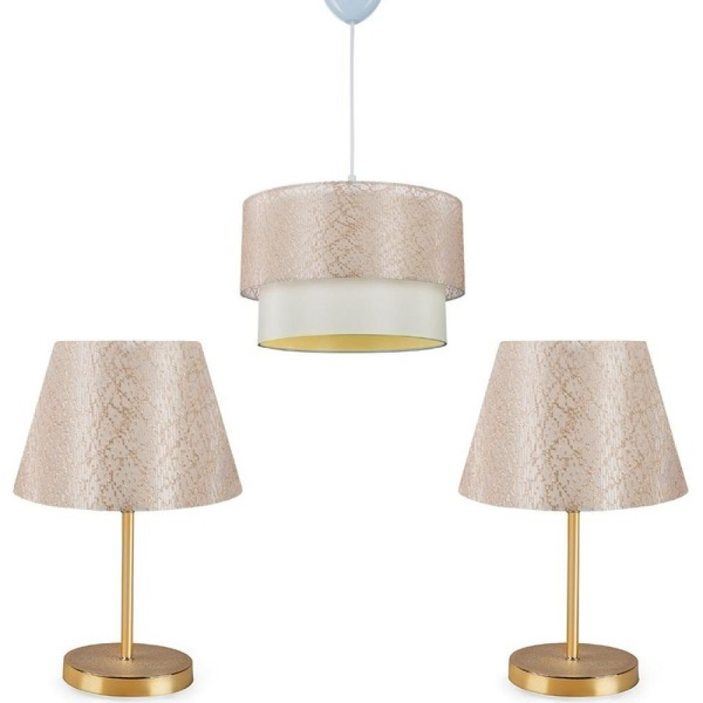 Art&Gift Dantel Kumaş Pasta Avize ve Gold Ayaklı Abajur Seti Yatak Odası Sarkıt Salon Aydınlatması - Bej - 3'lü Avize Fiyatı