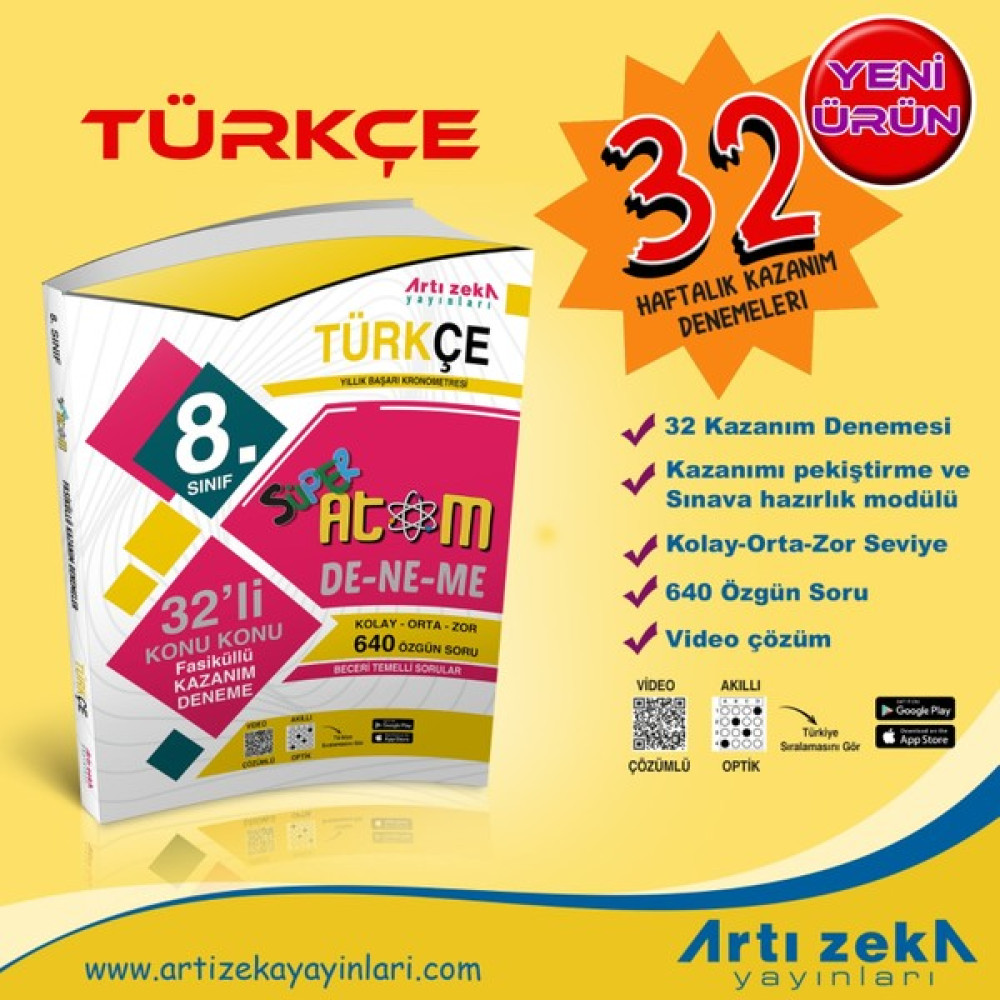 Artı Zeka Yayınları 8. Sınıf Süper Atom Türkçe 32 Fasikül Kazanım Deneme Türkçe Fiyatı