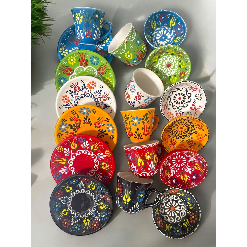 Artistic Quality Dekoratif 6 Kişilik Şık Lale Çini Tasarımlı Tamamen El Yapımı Kahve Fincanı Ve 10 Cm Sosluk - Azur Mavi Fincan / Bardak / Kahve Takımı Fiyatı