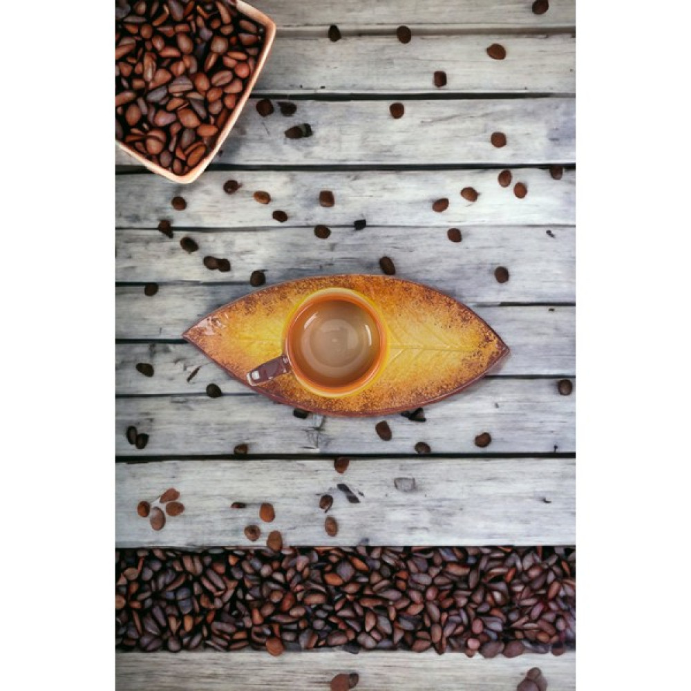 Artistic Quality Dekoratif Ceviz Yaprak Figürlü, Sarı Ve Kahve Renklerinde Çay Kahve Fincanı Seti 1 Kişilik Fincan / Bardak / Kahve Takımı Fiyatı