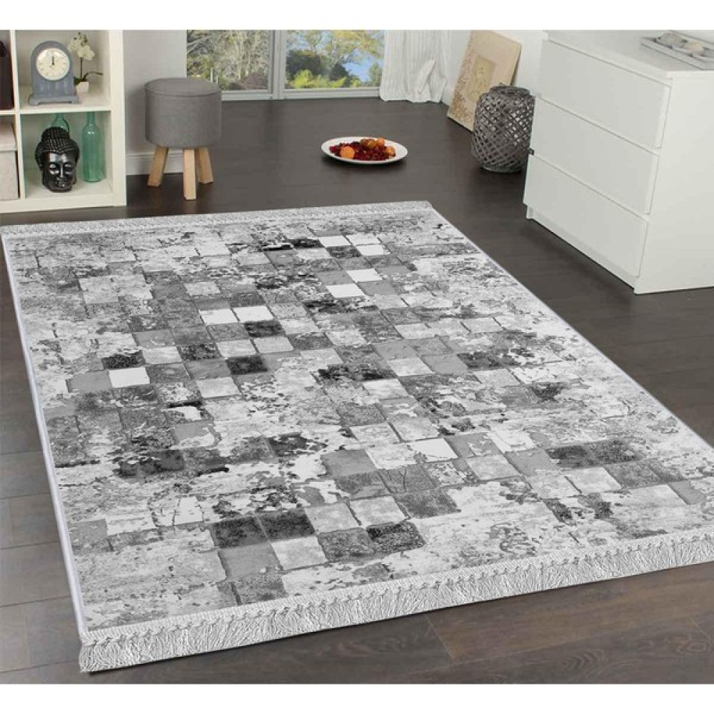 Artızon Halı ART-027 Beyaz Taban Dekoratif Kilim Ince Yıkanabilir Süngerli Dot Taban Salon Halısı - Gri - 50 x 60 cm Ev Tekstili Fiyatı