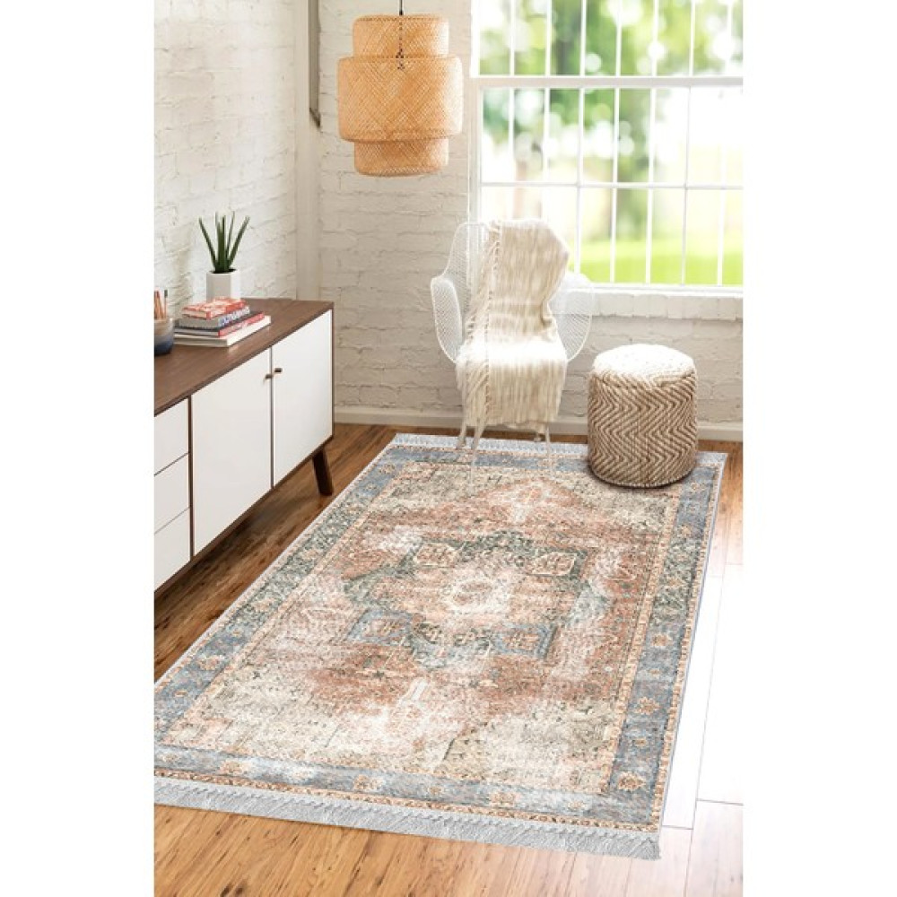 Artizon Tekstil Artızon Halı ART-229 Beyaz Taban Dekoratif Kilim Ince Yıkanabilir Süngerli Dot Taban Salon Halısı - Bej - 100 x 200 cm Ev Tekstili Fiyatı