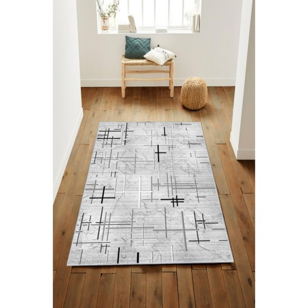 Artizon Tekstil Artızon Halı ART-239 Beyaz Taban Dekoratif Kilim Ince Yıkanabilir Süngerli Dot Taban Salon Halısı - Gri - 70 x 120 cm Ev Tekstili Fiyatı