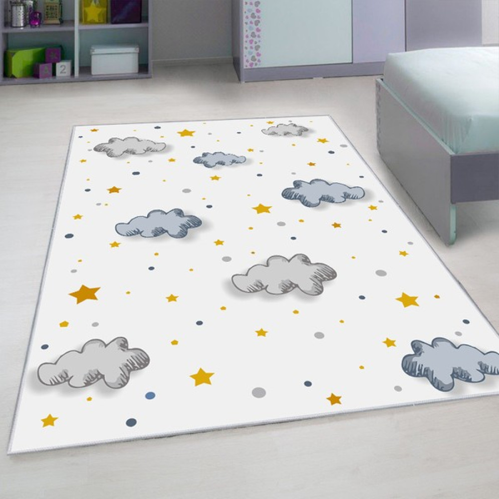Artizon Tekstil Artızon Halı ART-C-007 Beyaz Taban Dekoratif Kilim Ince Yıkanabilir Süngerli Dot Taban Çocuk Halısı - Krem - 120 x 200 cm Bebek Odası Halı Fiyatı