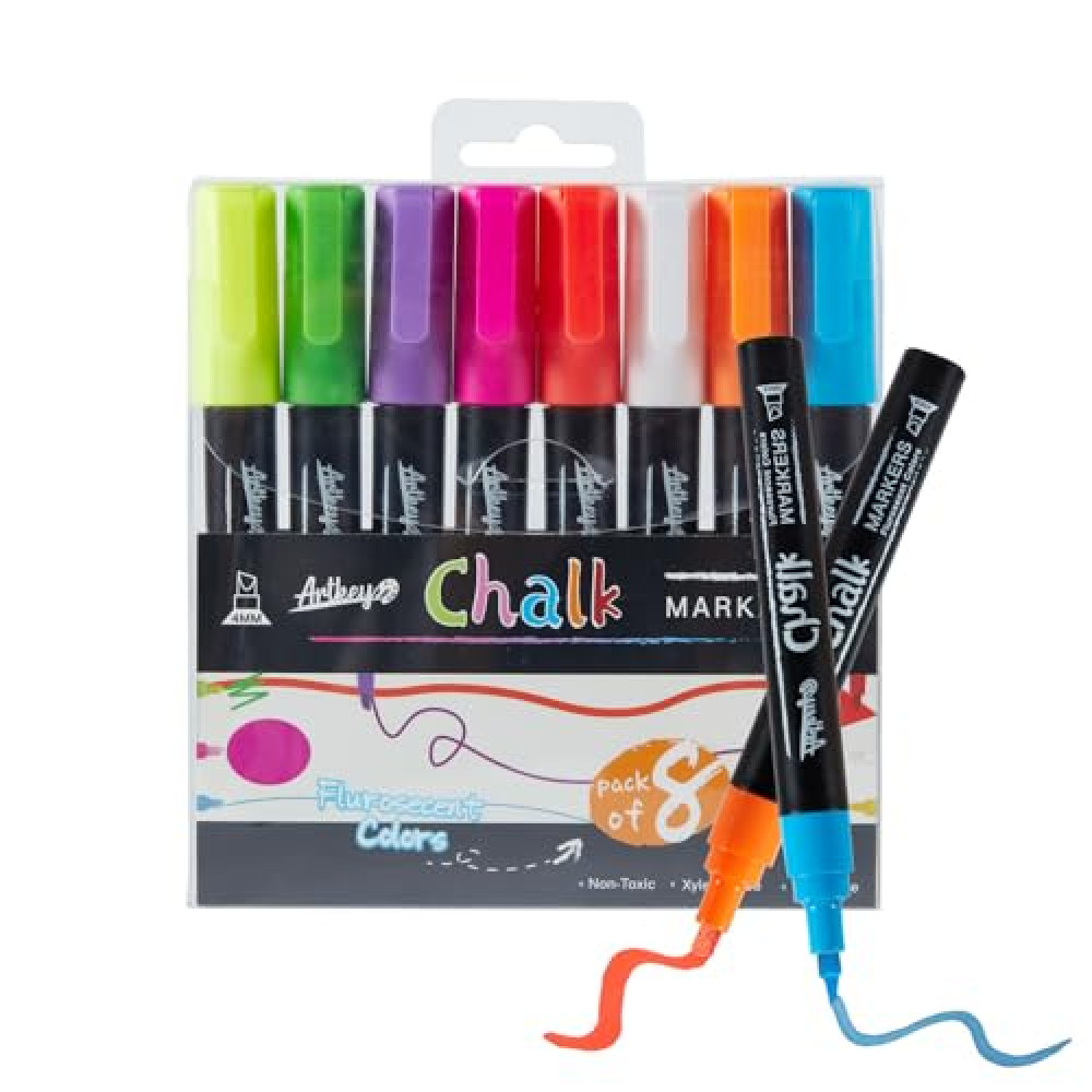 Artkey Neon Chalk Markers Set - 8 Pack with Reversible Tips (Chisel & Bullet) for Glass, Windows & Non-Porous Surfaces - Vibrant Fluorescent Colors for Art & Craft Projects Chalk Fiyatı
