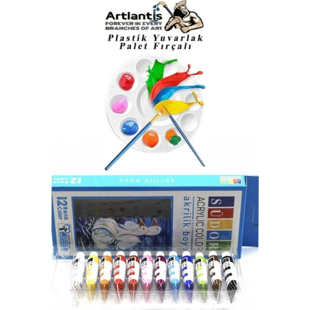 Artlantis Akrilik Boya 12 Renk Tüp 9 ml *12 Südor Akrilik Boya 12 Li 1 Paket ve Yuvarlak Resim Paleti Fırçalı 1 Paket 10 Hazneli Boya Paleti Sanats... Akrilik Boya Fiyatı