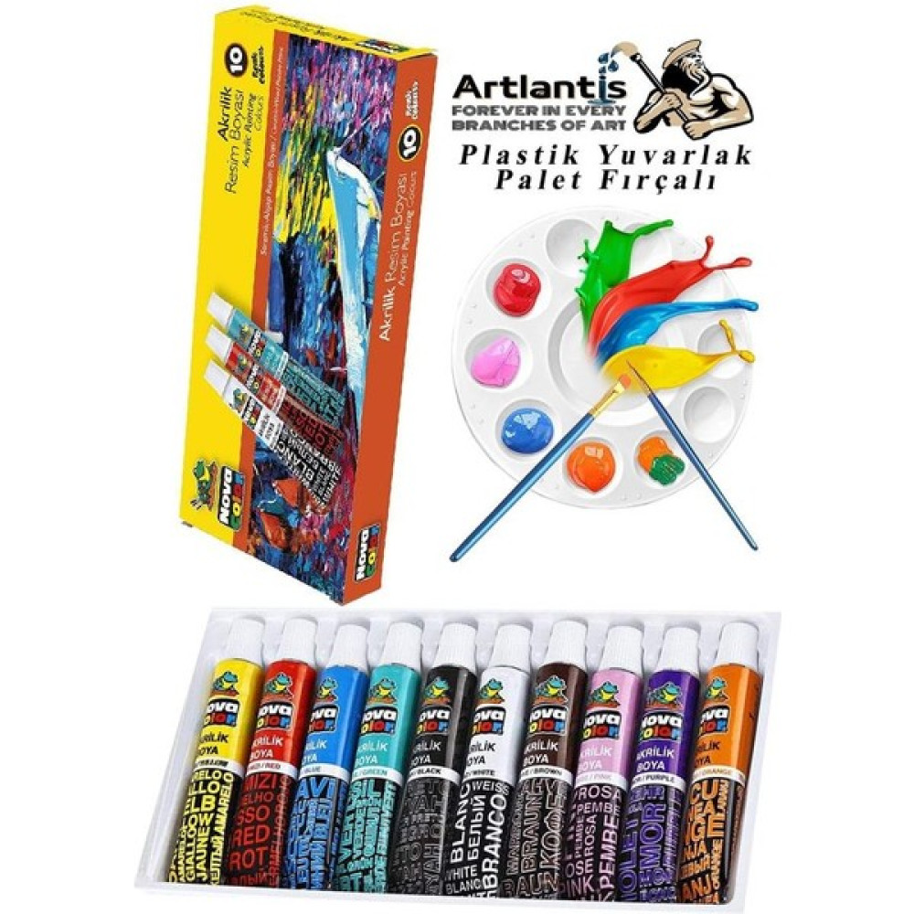 Artlantis Akrilik Boya Novacolor 10 Renk 9 ml Tüp 1 Paket 10 Lu Akrilik Boya Seti ve Yuvarlak Resim Paleti Fırçalı 1 Paket 10 Hazneli Boya Paleti S... Akrilik Boya Fiyatı