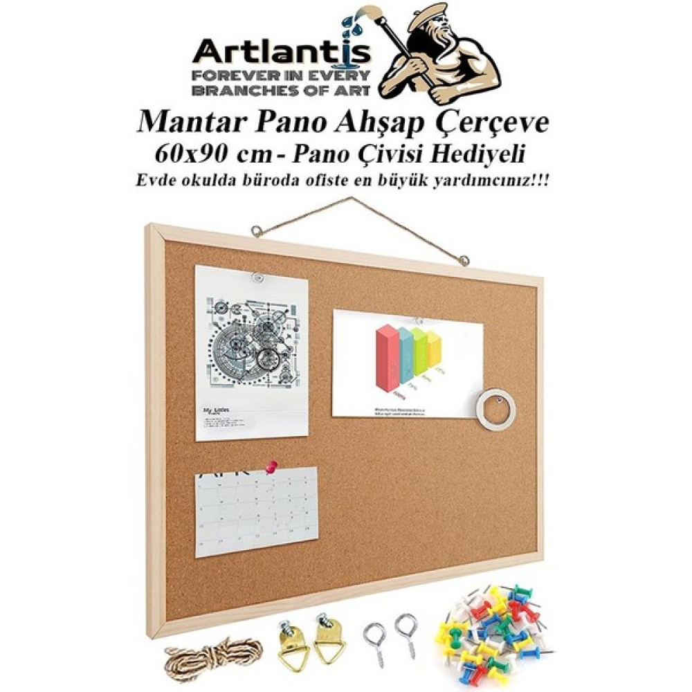 Artlantis Mantar Pano Ahşap Çerçeve 60X90 cm 1 Adet Harita Çivisi Hediyeli Duvara Monte Mantar Çerçeve Evde Okulda Büroda Ofiste - Naturel - Standart Pano Fiyatı