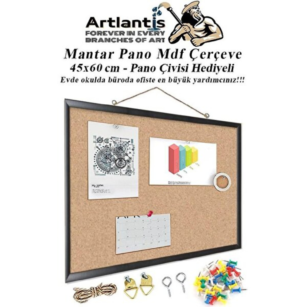 Artlantis Mantar Pano Mdf Çerçeve 45X60 cm 1 Adet Harita Çivisi Hediyeli Duvara Monte Mantar Çerçeve Evde Okulda Büroda Ofiste - Kahverengi - Standart Pano Fiyatı