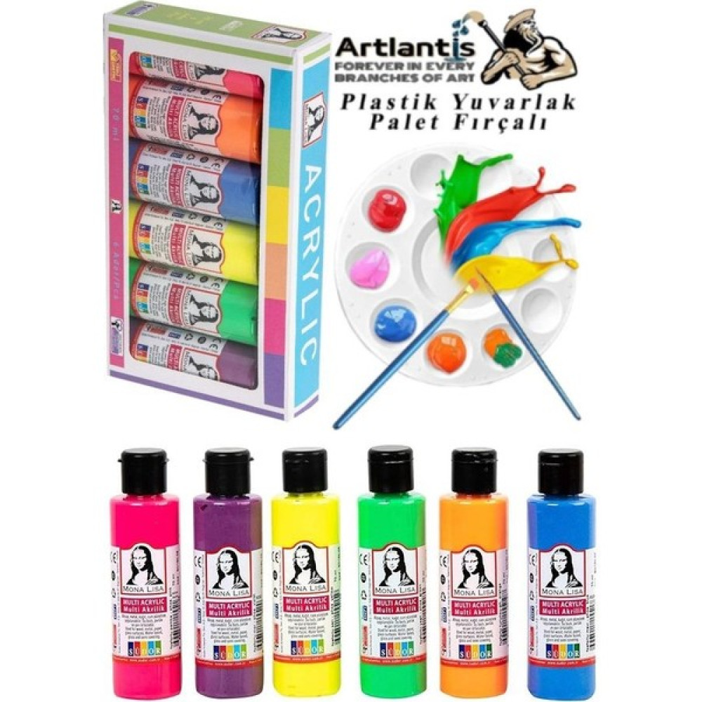 Artlantis Monalisa Akrilik Boya 6 Renk x 70 ml Fosforlu Neon Renkler 1 Paket ve Yuvarlak Resim Paleti Fırçalı 1 Paket 10 Hazneli Boya Paleti Sa... Akrilik Boya Fiyatı