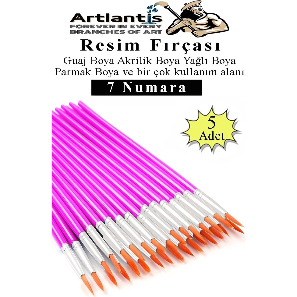 Artlantis Resim Fırçası 7 Numara 5 Adet Yuvarlak Uçlu Sentetik Resim Fırça Ekonomik Suluboya Akrilik Boya Guaj Boya Yağlı Boya - 3.4mm - Renkli Fırça Fiyatı