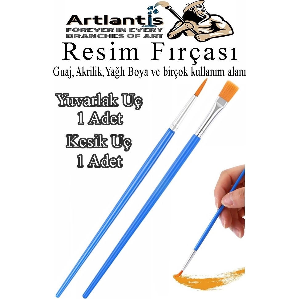 Artlantis Resim Fırçası Kesik ve Yuvarlak Uçlu 2 Adet Sentetik Fırça Ekonomik Suluboya Akrilik Boya Guaj Boya Yağlı Boya Resim - Standart - Mavi Fırça Fiyatı