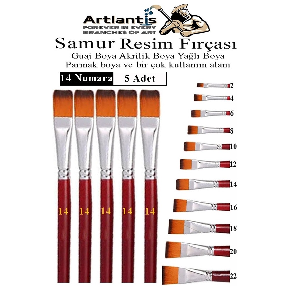 Artlantis Yassı Uçlu 14 Numara Resim Fırçası 5 Li 1 Paket Samur Kesik Uçlu Fırça Seti Guaj Sulu Akrilik Yağlı Boya Fırçaları - Standart - Naturel Fırça Fiyatı