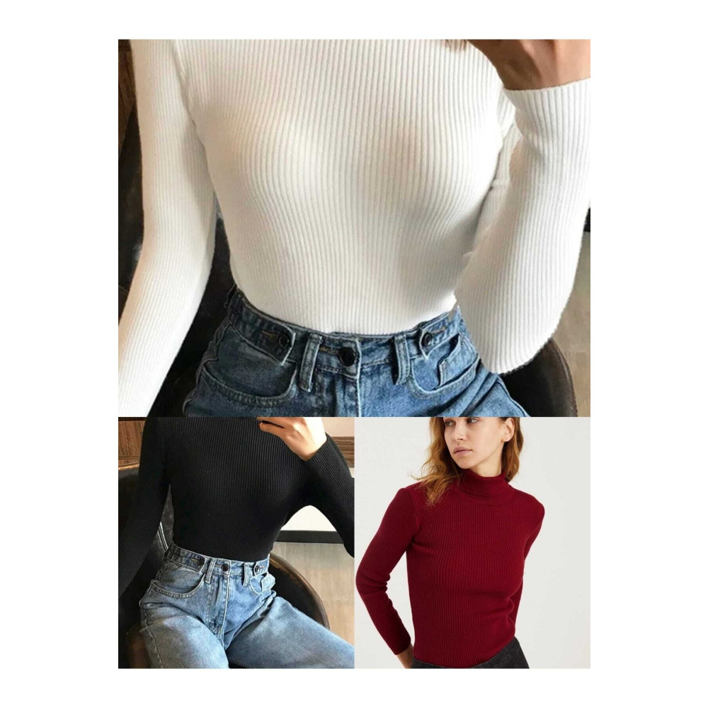 artofdress Unisex 3’lü Paket Siyah Beyaz Bordo Pamuklu Balıkçı Yaka Şardonlu Slimfit Boğazlı Kazak STD Beden Bayan Kazak & Süveter & Triko Fiyatı