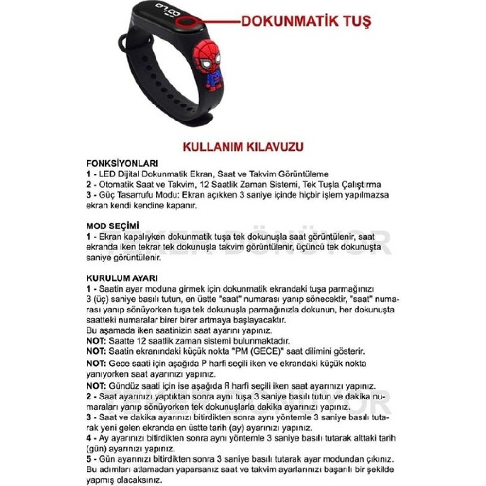 Artwork Anatolia Örümcek Adam Spderman Figürlü Dijital LED Dokunmatik Ekranlı Su Geçirmez (Laci) (Akıllı Değil) Çocuk Kol Saati Dekoratif Saat Fiyatı