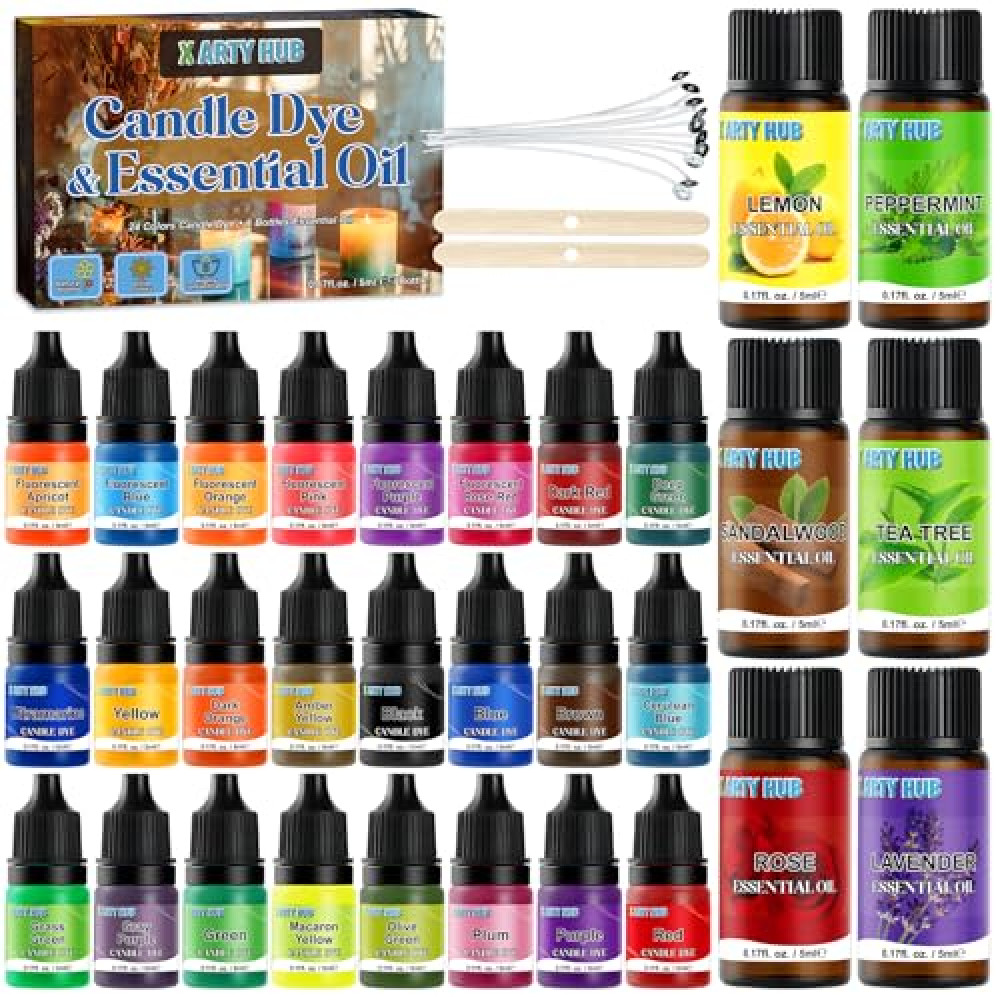 ARTY HUB Candle Dye - 24 Colors & 6 Essential Oils for Soy Candle Making - 30 Bottles