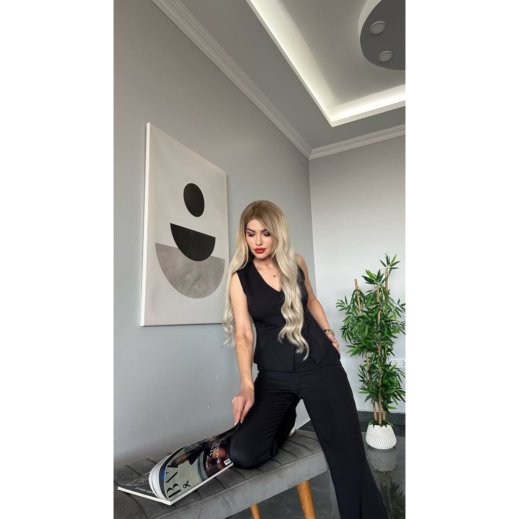 ARV Moda Pantalon Yelekli Takım Ithal Dabıl Kumaş Kadın Düğmeli Yelek Palazzo Geniş Paça Pantolon Ikili Takım Giyim & İç Giyim Fiyatı