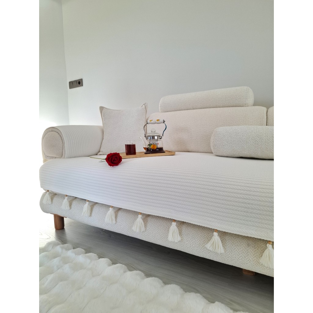 Arva Home Koltuk Örtüsü Püsküllü Çekyat Örtüsü 200 x 95 - Ekru - 95 x 200 cm SSD / Solid State Drive Fiyatı