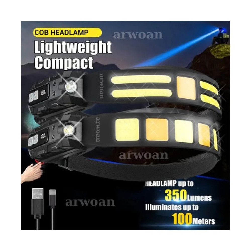 Arwoan Sensörlü Ultra Parlak Led+Cob Baş Lambası - Şarj Edilebilir, Ayarlanabilir Işın, Şarj Edilebilir Kafa Lambası - Siyah - Altın - 20W Oto Boyaları Fiyatı