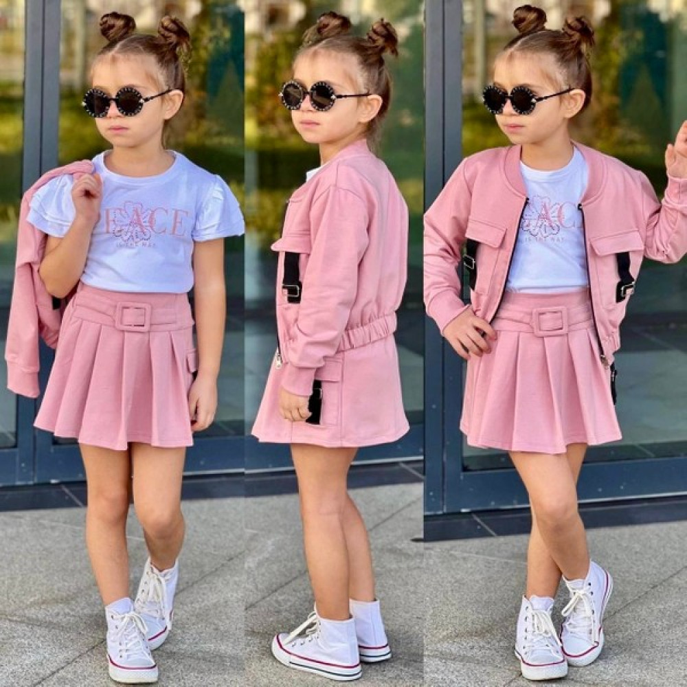 Arya Kids Kız Çocuk Pembe Pilili Etek Ceket Tişört 3'Lu Takım Kız Çocuk Giyim Takımı Fiyatı