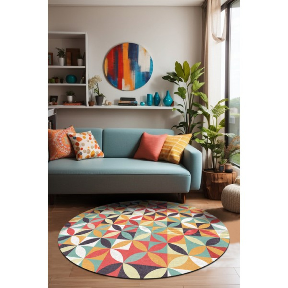 Arya Yuvarlak Şönil Pamuk Tabanlı Yıkanabilen Kaymaz Taban Salon Halısı Mutfak - 100 x 100 cm - Renkli Salon Halısı Fiyatı
