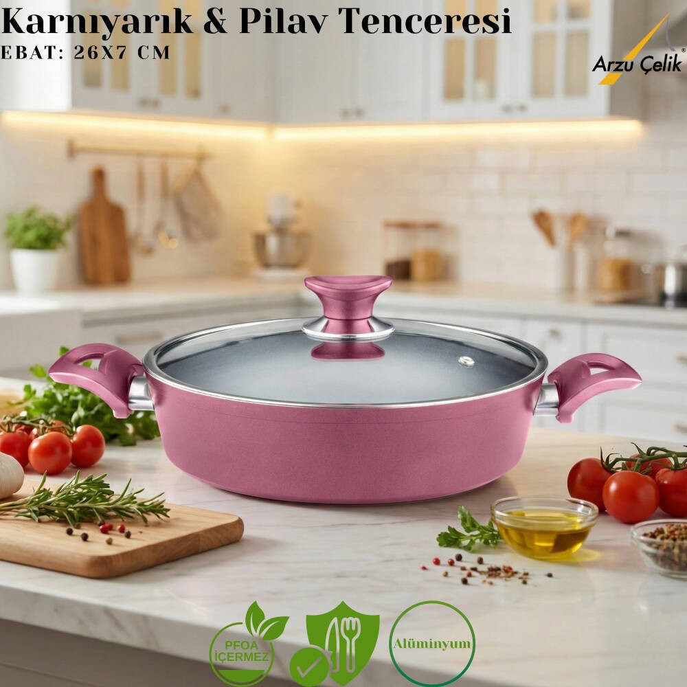 Arzu Çelik 26 Cm Granit Karnıyarık & Pilav Tenceresi Cam Kapak - Mürdüm Tencere / Tava Setleri Fiyatı