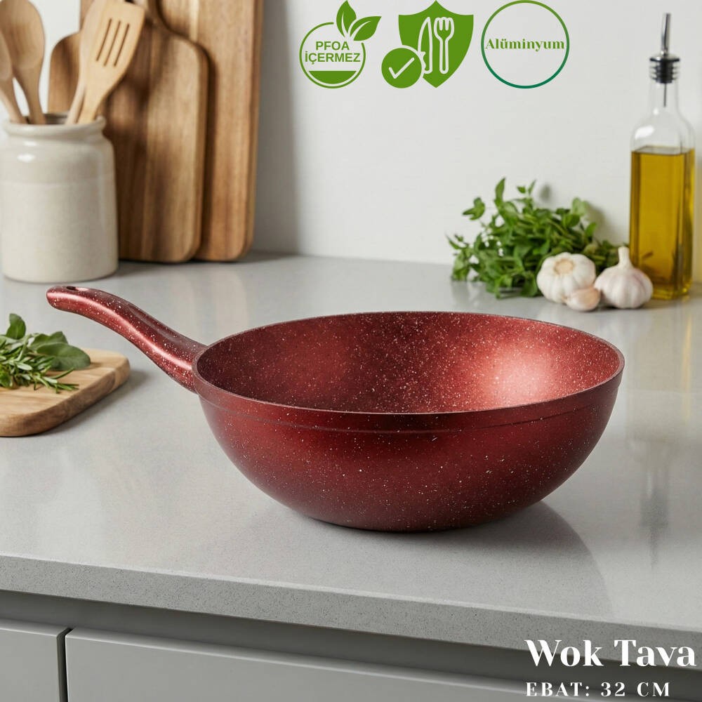 Arzu Çelik 32 Cm Granit Wok Tava - Kırmızı Tencere / Tava Setleri Fiyatı