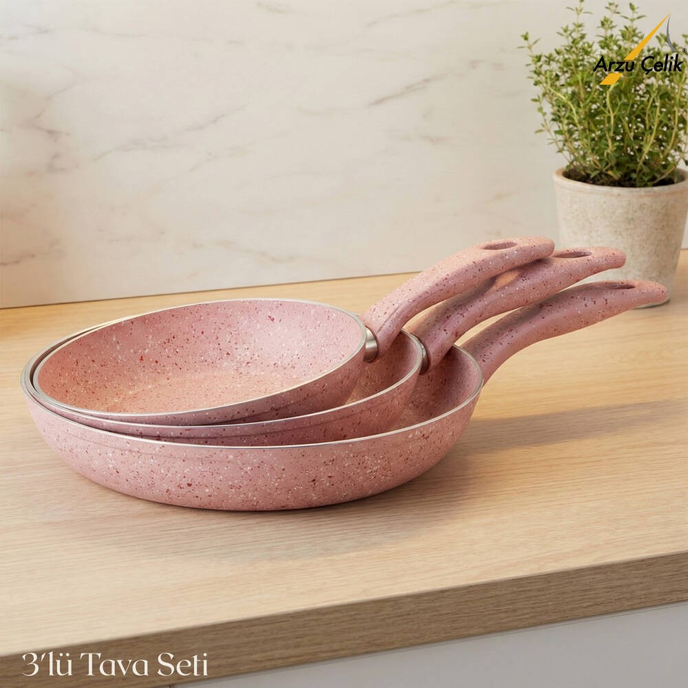 Arzu Çelik 3lü Granit Tek Saplı Tava Seti - Pembe Tencere / Tava Setleri Fiyatı