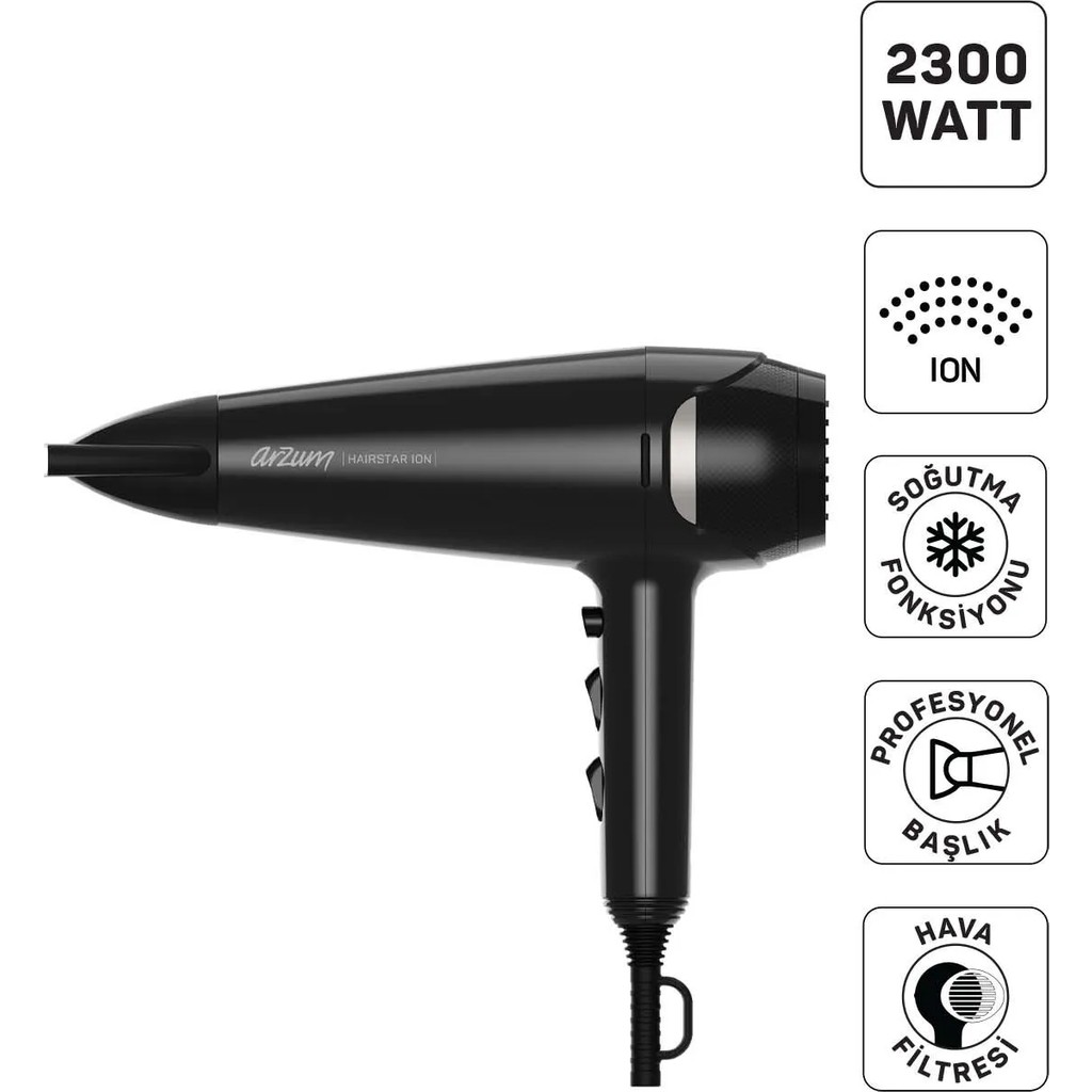 Arzum AR5138 Hairstar Ion Saç Kurutma Makinesi 2300 W, 2 Hız, 3 Isı Ayarı, Siyah Saç Kurutma Makineleri Fiyatı