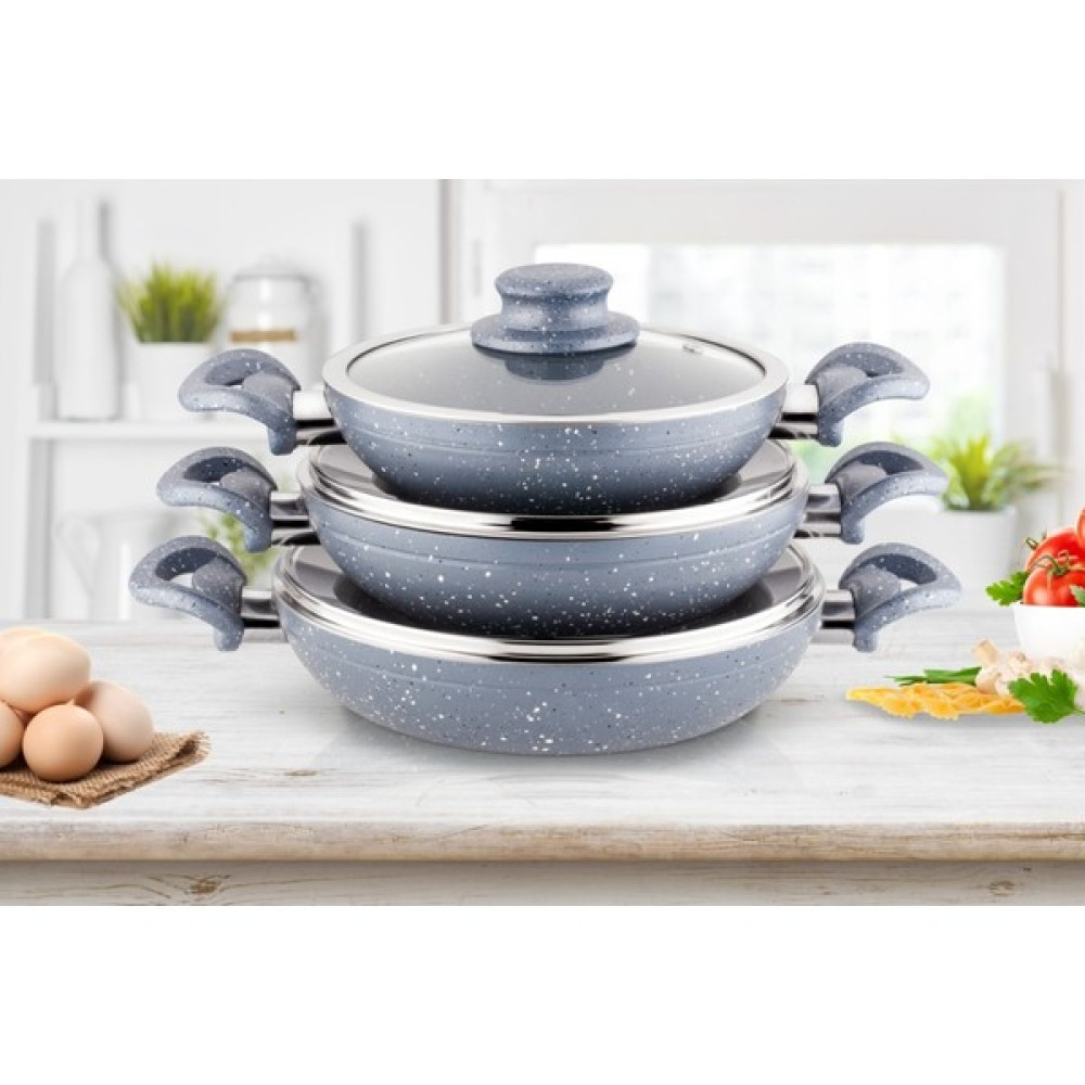 Asal Home Çift Kulp Kapaklı Gri Granit Omlet/Sahan Tava Seti 3'lü 18-20-22 cm Tavalar Fiyatı