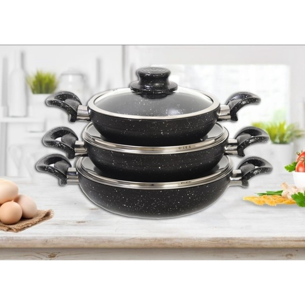Asal Home Çift Kulp Kapaklı Siyah Gümüş Granit Omlet/Sahan Tava Seti 18+20+22 cm - 18-20-22 cm Tavalar Fiyatı