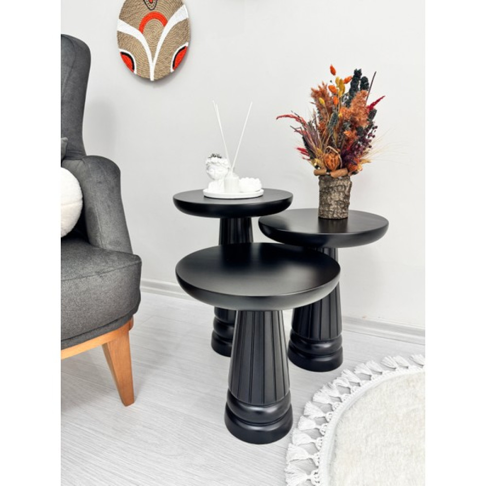 Aselya Home Doğal Ahşap 3'lü Set Mantar Yan Sehpa Modern Siyah Fiskos Zigon Çiçeklik Yan Sehpa Fiyatı
