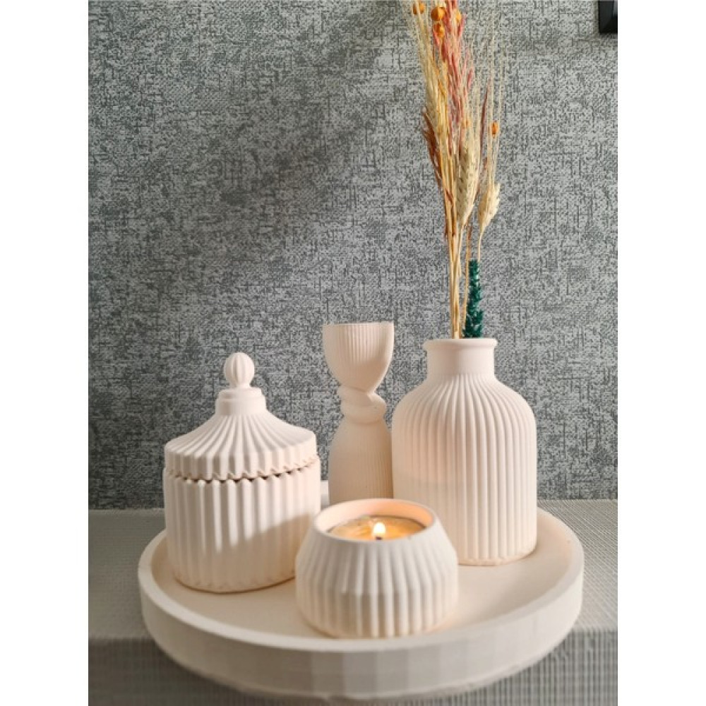Asem Dekoratif Yuvarlak Tepsi, Tealight Mumluk, Kapaklı Kutu, Iskandinav Vazo Düğüm Sütun Biblo Beton Set - 0 - Bej Şamdan Fiyatı