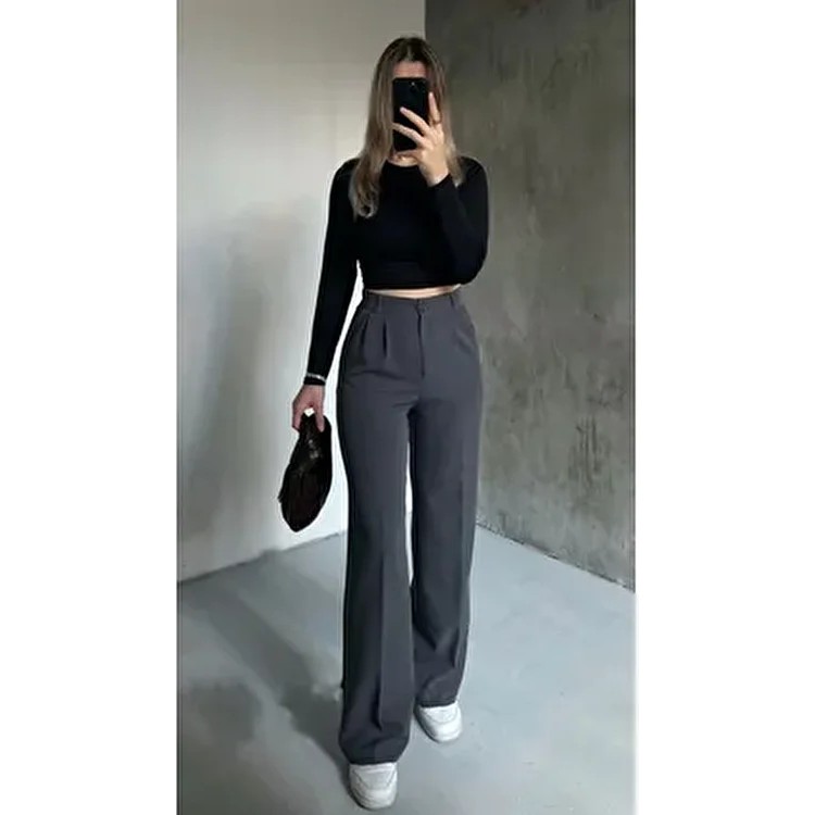 Asfa Moda Kadın Antrasit Palazzo Pantolon Yüksek Bel Geniş Paça Düz Desenli Orta Kalınlıkta Kumaş Giyim & İç Giyim Fiyatı
