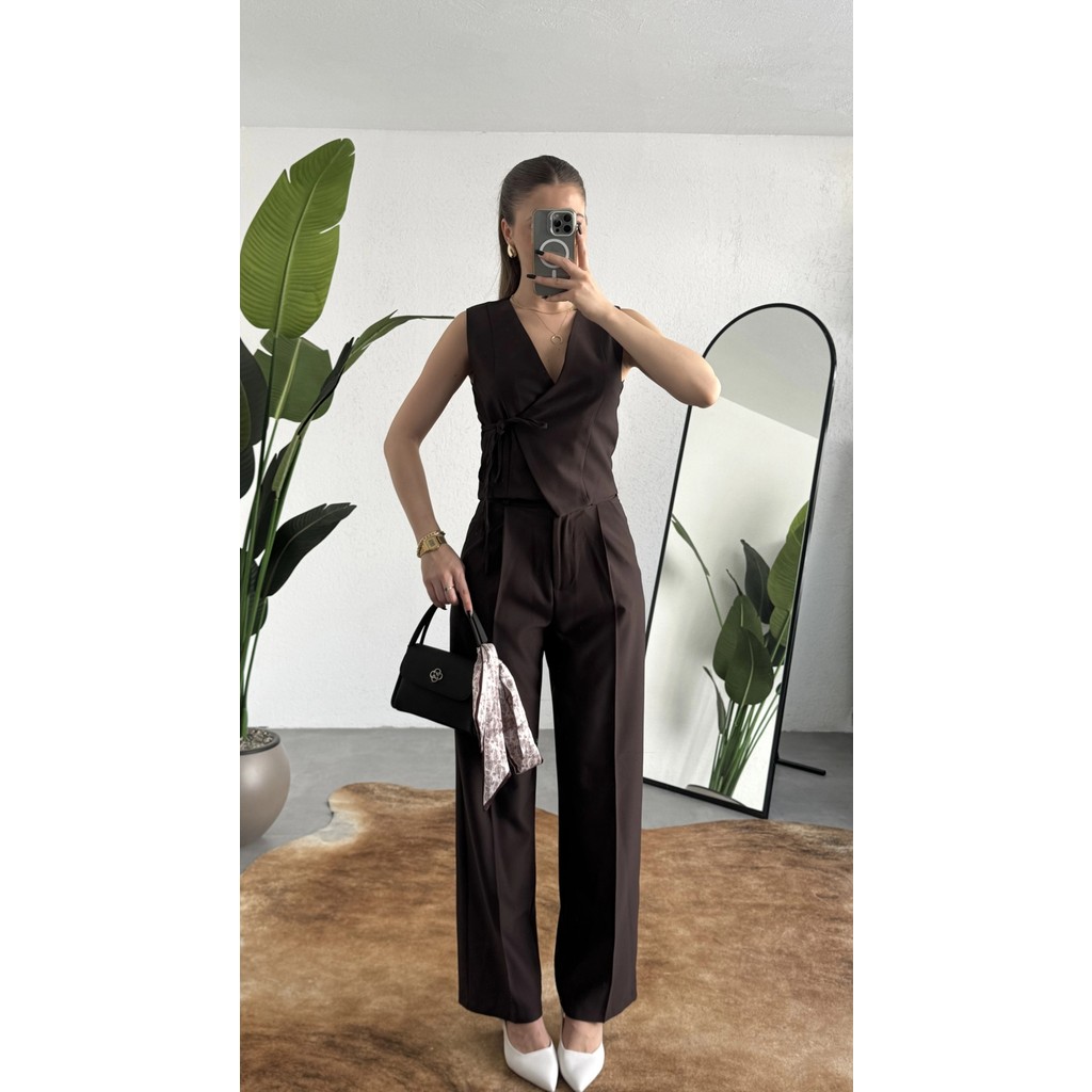 Asfa Moda Kadın Kahverengi Asimetrik Kesim Kruvaze Bağlamalı Yelek ,pileli Plazzo Pantolon Takım Giyim & İç Giyim Fiyatı