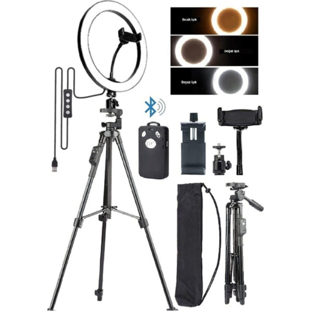 Asfal Bluetooth Kumandalı 10 Inç Işık - 125 cm Tripod + Telefon Tutucu Video Kamera Aksesuarları Fiyatı