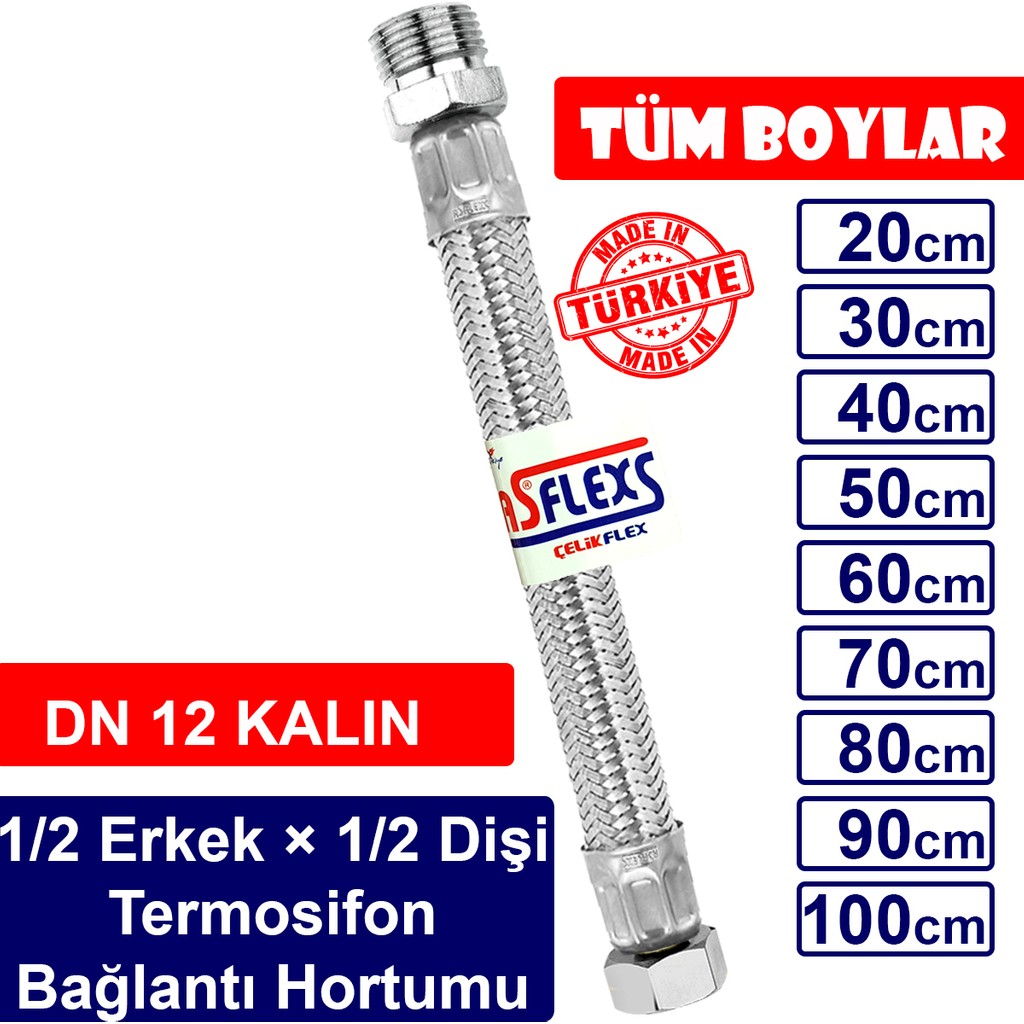 Asflexs (DN12 KALIN) 1/2 (Erkek) × 1/2 (Dişi) Paslanmaz Çelik Kalın Flex Hortum Termosifon Bağlantı Hortumu (90 cm) Duş Seti Fiyatı