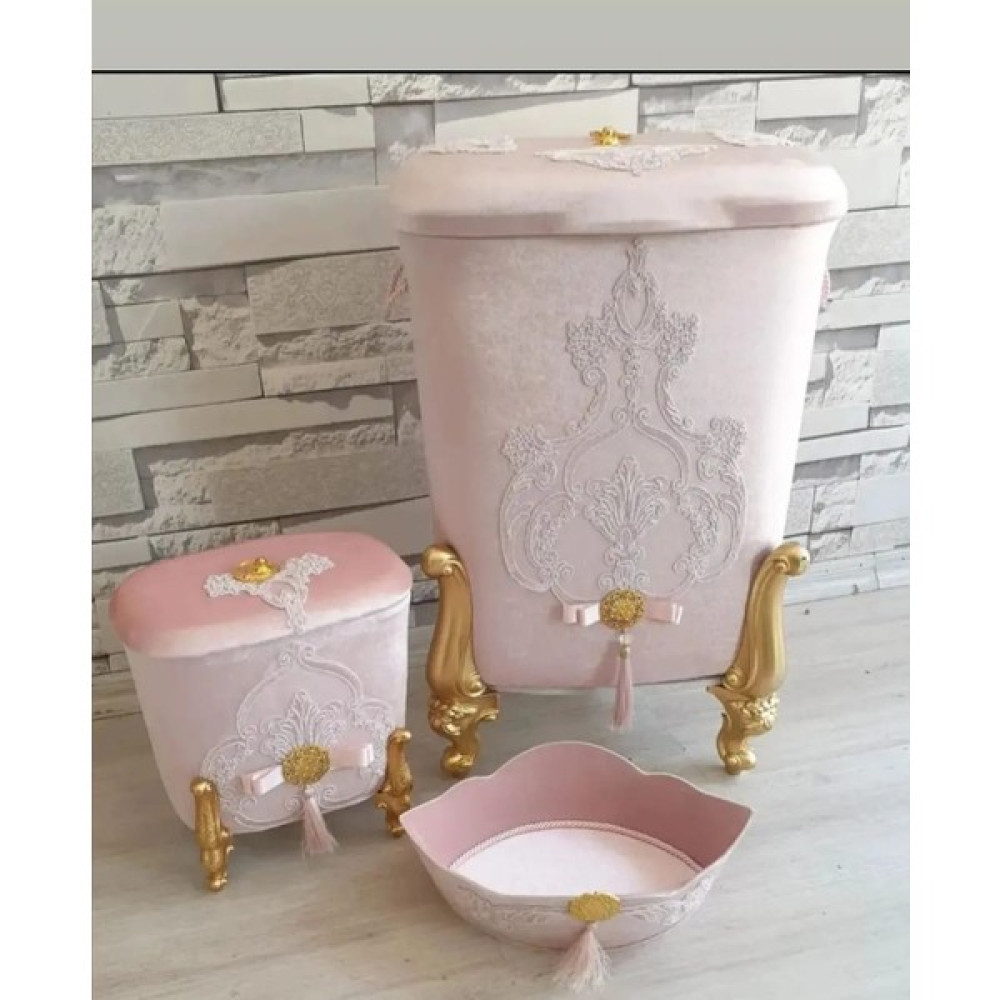 Asil Home Elegance Ipek Kadife 3lü Kirli Çamaşır Sepeti Banyo Seti AS329 - Pudra Sepet Fiyatı
