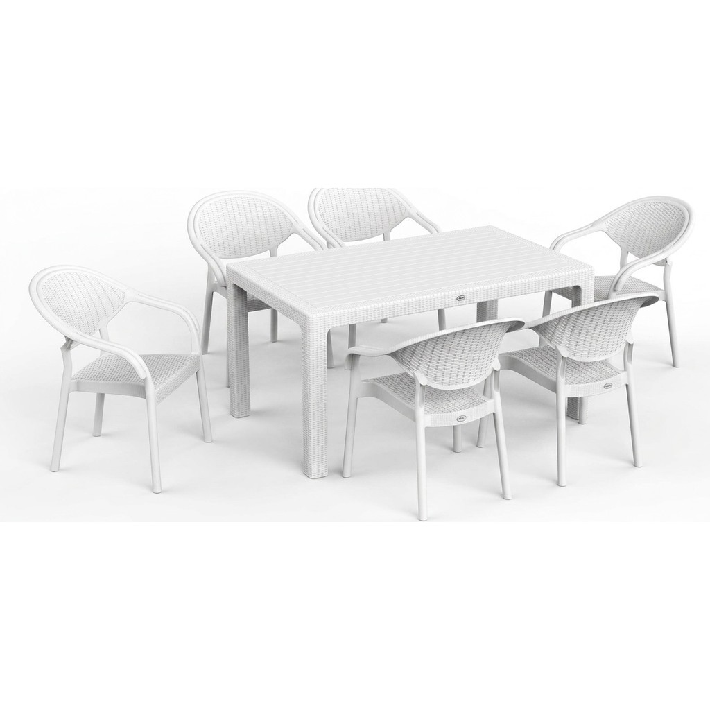 Asil Konsept 90 x 150 Bambu Plastik Rattan Camsız Bahçe Balkon Teras Masa Takımı 6 Kolçaklı Sandalyeli - Beyaz Diğer Fiyatı
