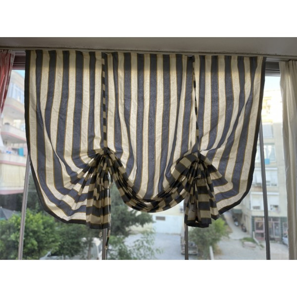 Aşiyan İple Çekişli Yüksekliği Ayarlanabilir Çizgili Balkon Perdesi Kalın Kumaş - 100 x 200 cm - Gri - Krem Perde Fiyatı