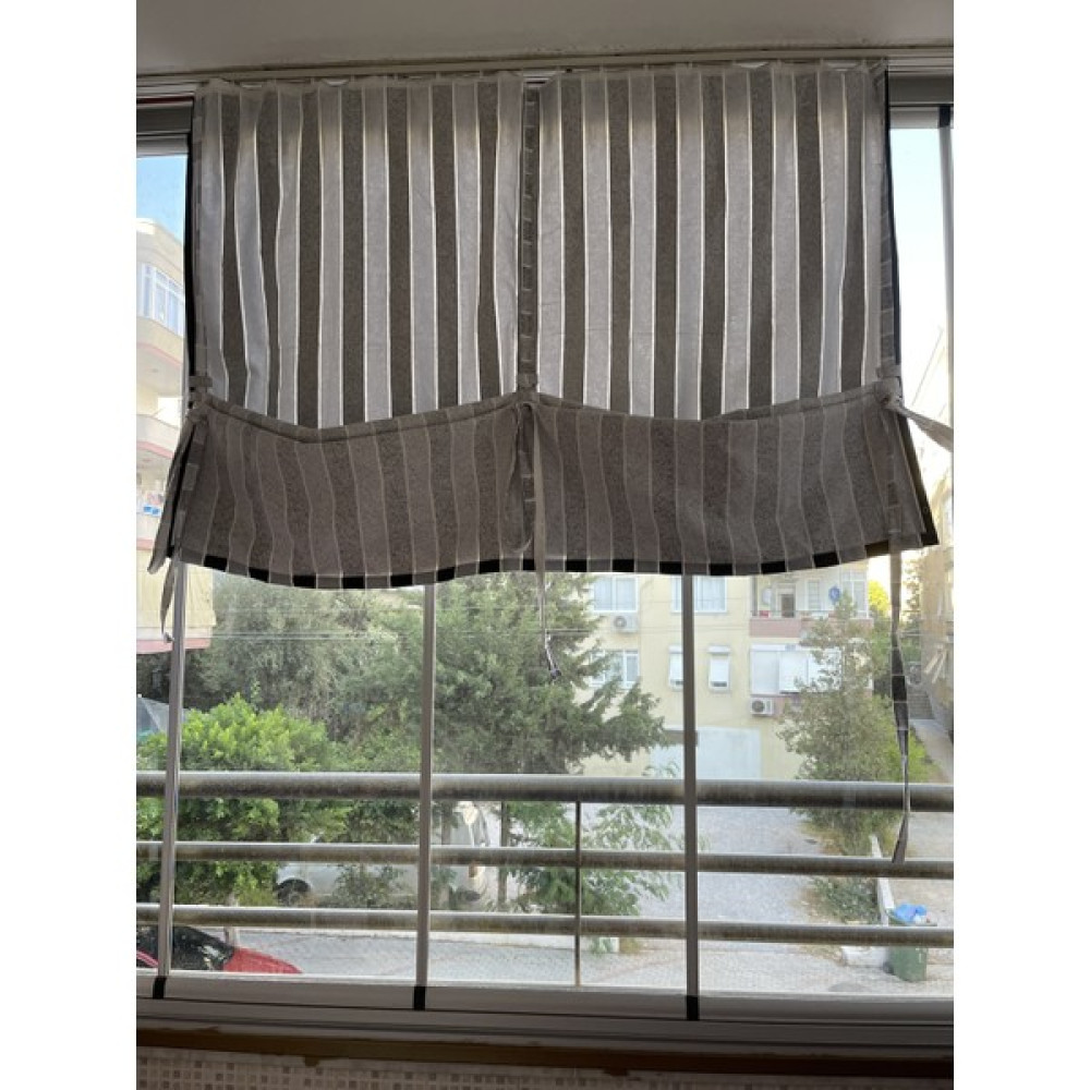 Aşiyan iple Çekişli Yüksekliği Ayarlanabilir Çizgili Balkon Perdesi Kalın Kumaş - 400 x 260 cm - Siyah - Gri Perde Fiyatı
